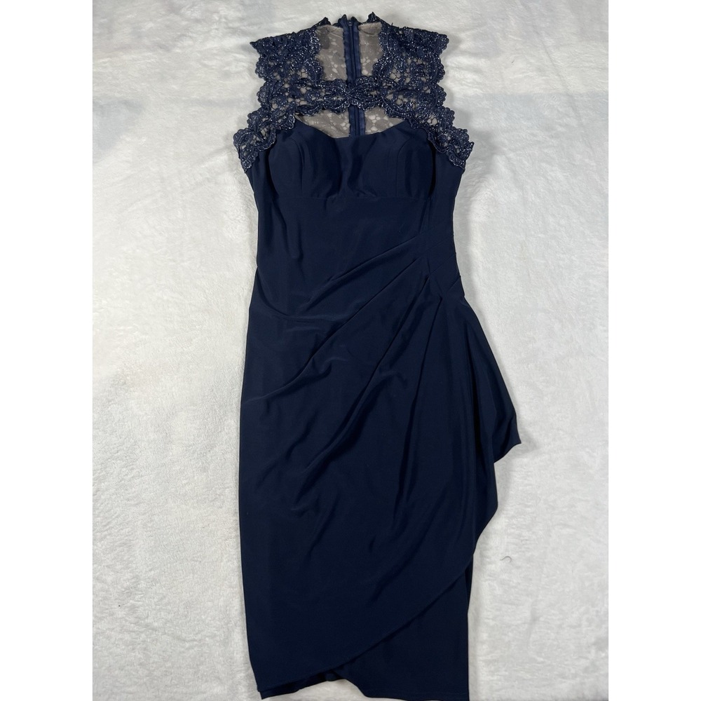 Cache' Navy Blue Net & Lace Key Hole Formal Midi Dress Ruched Waist 2 NWT 14575